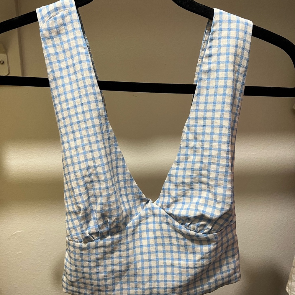 Blue and White Checkered Women's summer cross back top